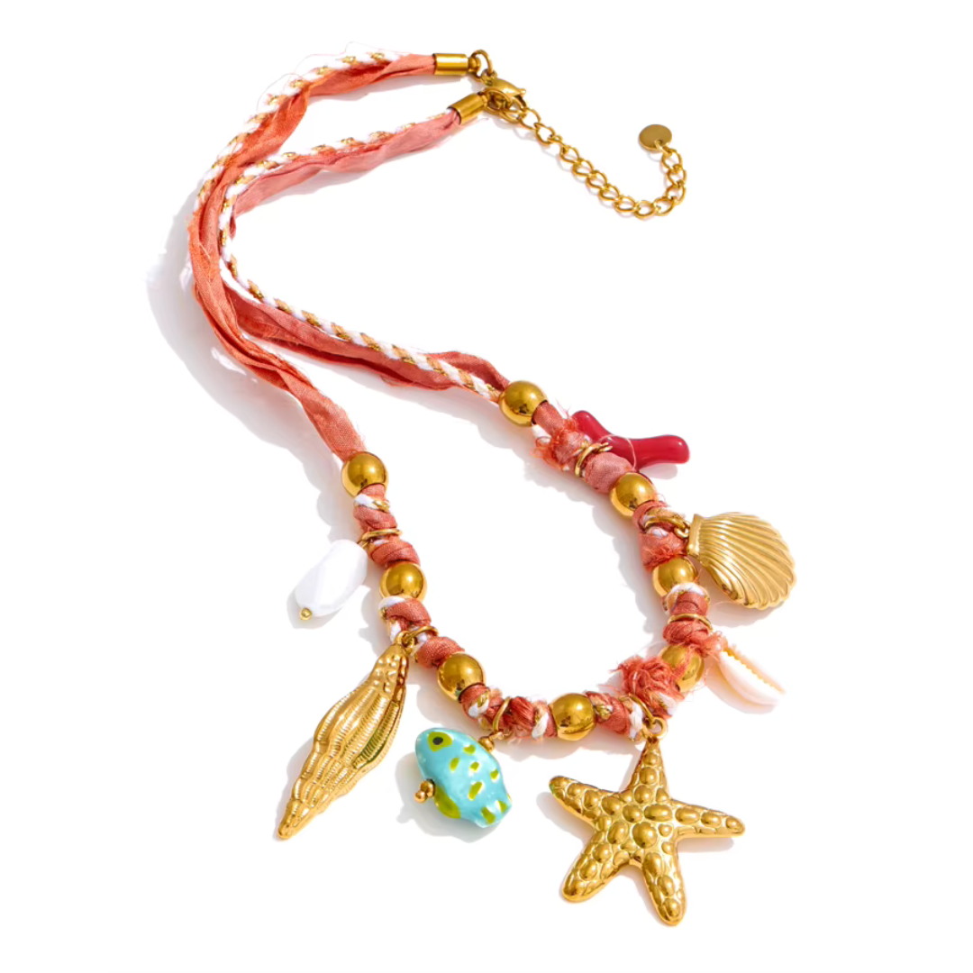 Collar trenzado de cuerda roja tropical – Hecho a mano
