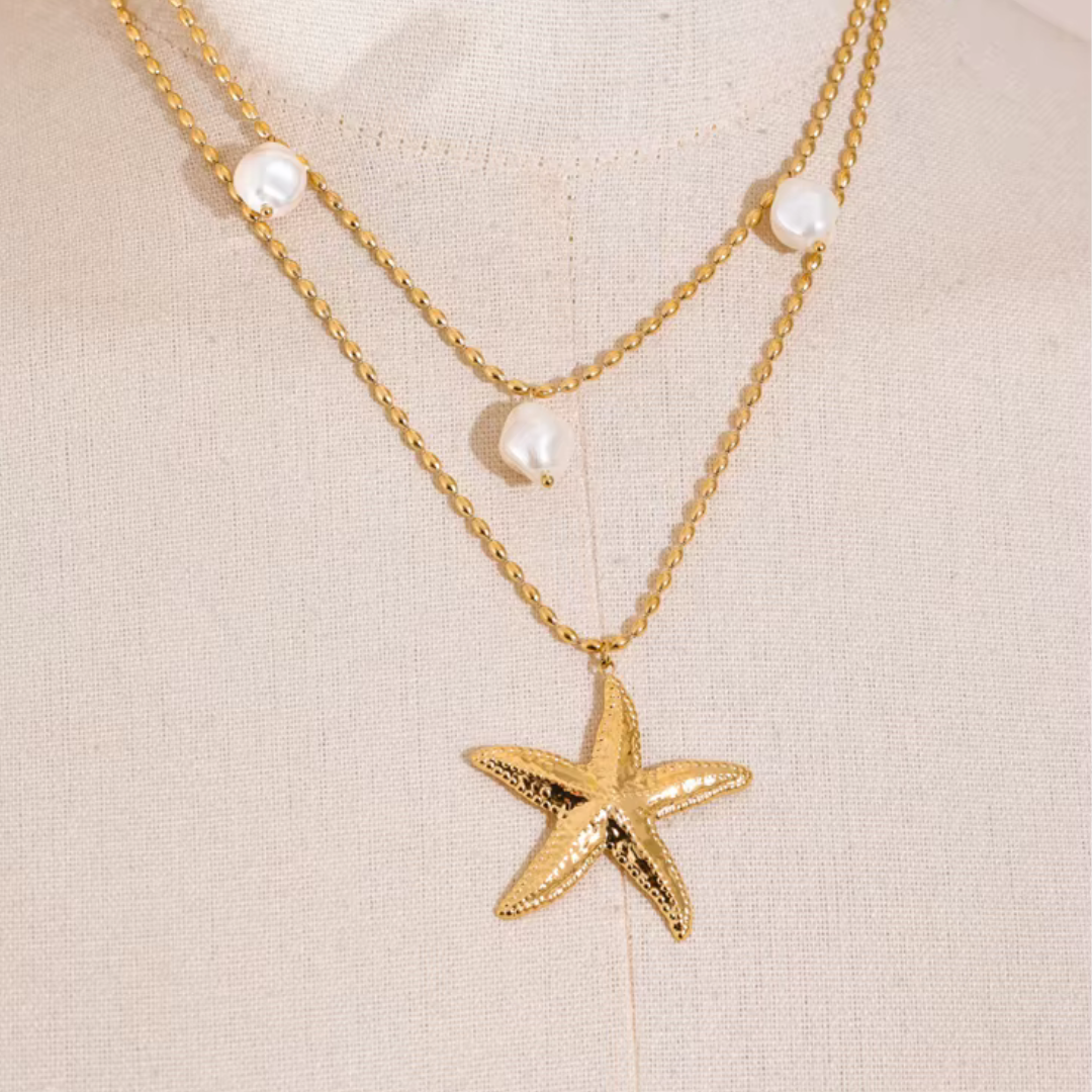Double layer necklace with starfish charm and pearl, handmade with waterproof PVD 18K gold plating