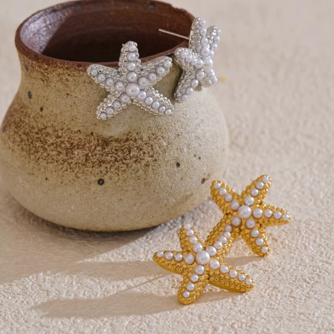 Gold starfish earrings with pearl detail – elegant waterproof summer jewelry
