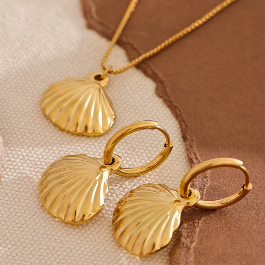 Gold summer jewelry set with matching shell necklace and earrings