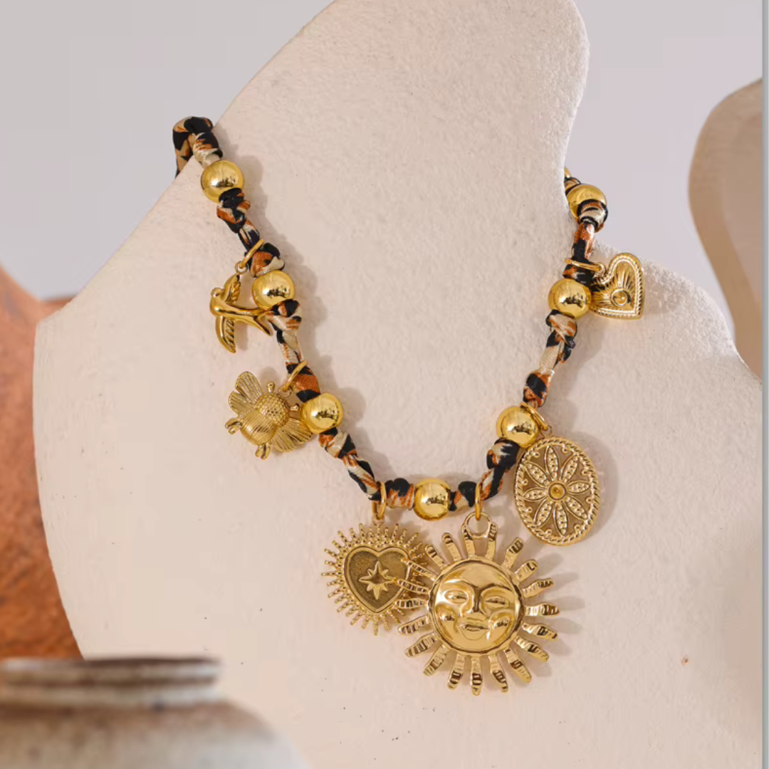 lack and gold charm necklace with waterproof 18K gold PVD plating