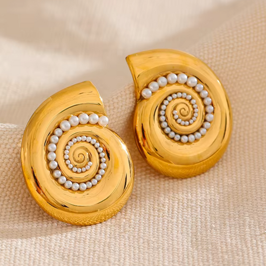 Golden Shell & Pearl Stud Earrings