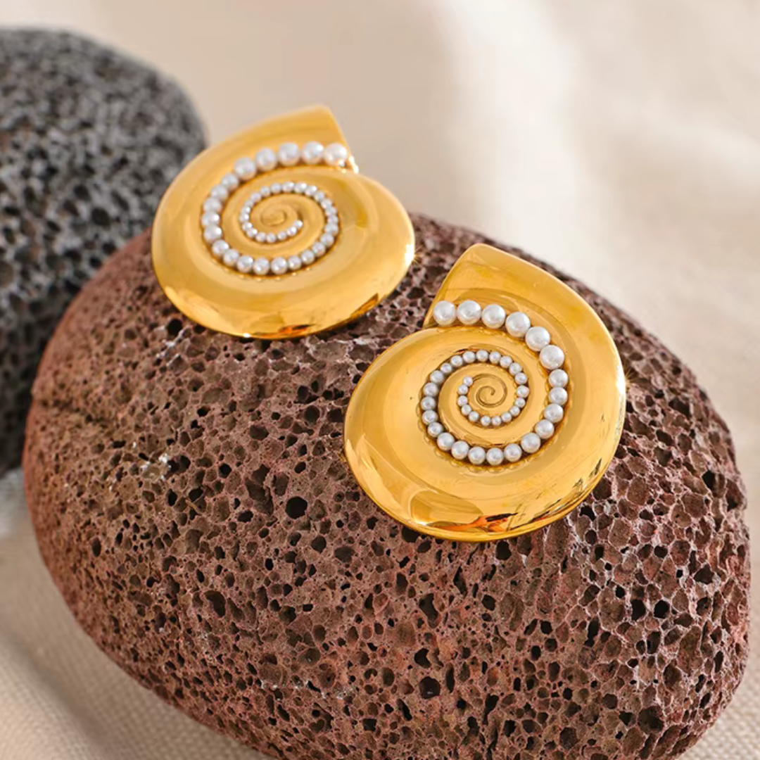 Golden Shell & Pearl Stud Earrings