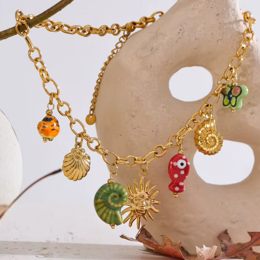 Ocean Soul Necklace with Ceramic Charms - Handmade