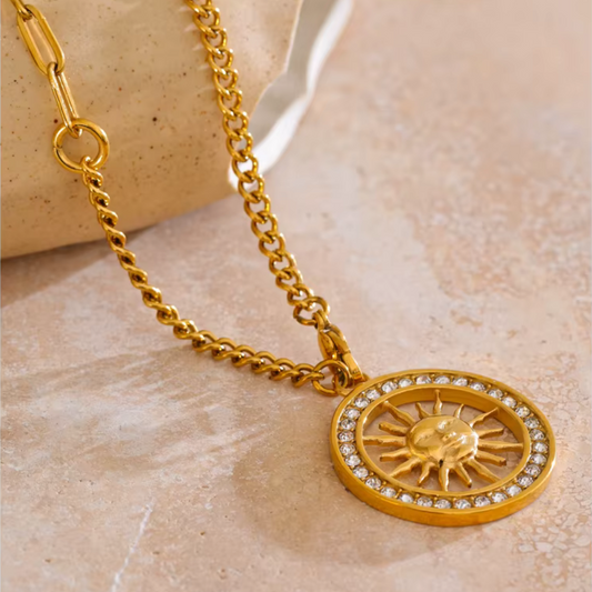 Golden Sunburst Zircon Pendant Necklace