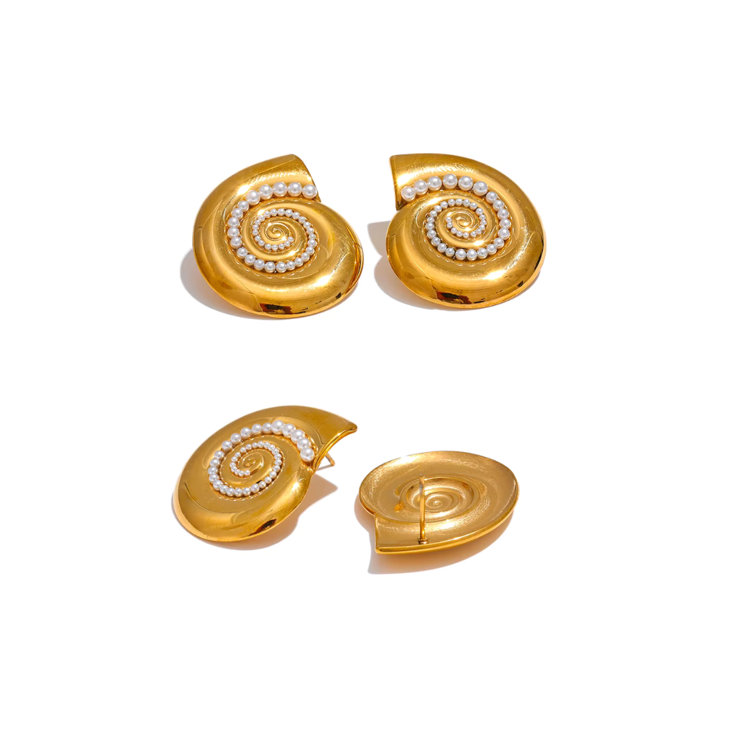 Golden Shell & Pearl Stud Earrings