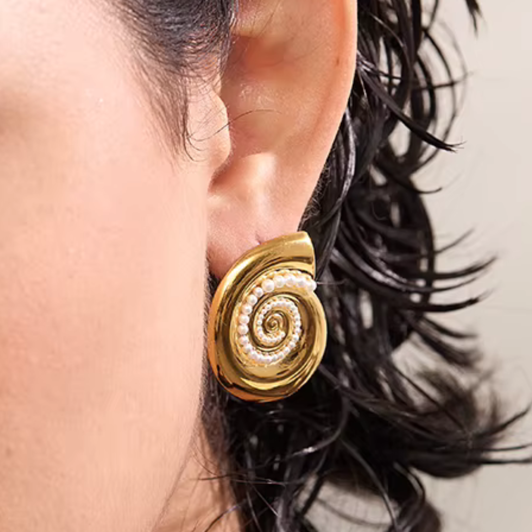 Golden Shell & Pearl Stud Earrings