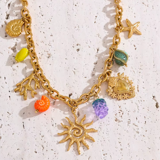 ocean necklace with ceramic charms and waterproof PVD 18K gold plating