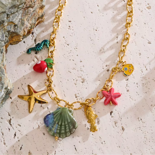 Handmade shell ceramic charm necklace in gold with waterproof PVD finish