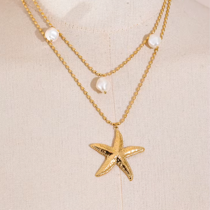 Double layer necklace with starfish charm and pearl, handmade with waterproof PVD 18K gold plating
