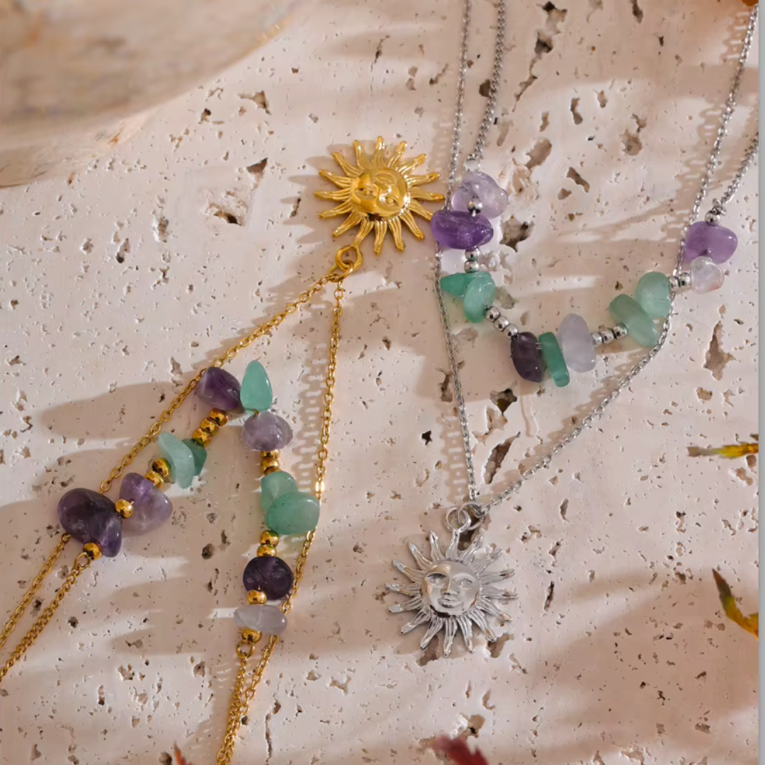 Handmade double layer necklace with sun charm in gold – minimalist boho jewelry gold and silver