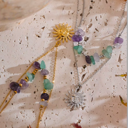 Handmade double layer necklace with sun charm in gold – minimalist boho jewelry gold and silver