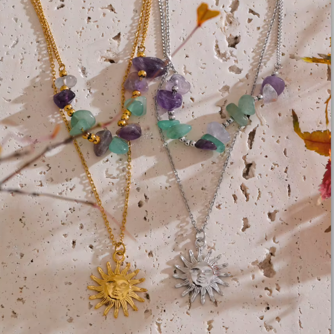Handmade double layer necklace with sun charm in gold – minimalist boho jewelry
gold and silver close up