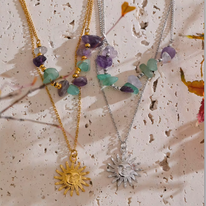 Handmade double layer necklace with sun charm in gold – minimalist boho jewelry
gold and silver close up